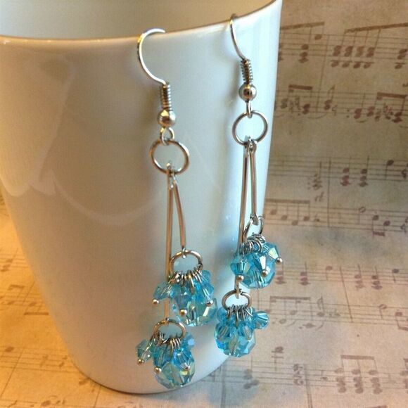 PinkDiva Jewelry - Handmade Swingy Light Blue Faceted Czech Crystal 80mm Long Twin Dangle Earrings